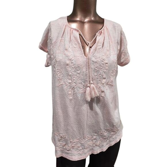 Lucky Brand Pale Pink Embroidered Top with Tasseled Tie at Neck, Sz S - Picture 1 of 5